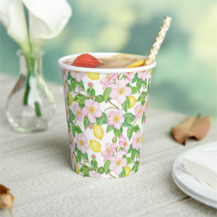 Pink Floral Lemons Pattern Paper Cups