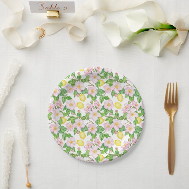 Pink Floral Lemons Pattern  Paper Plate (Wedding)