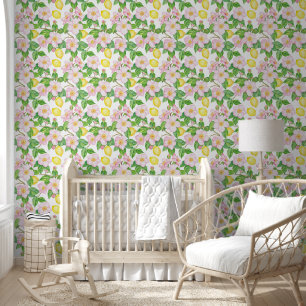 Pink Floral Lemons Pattern Wallpaper