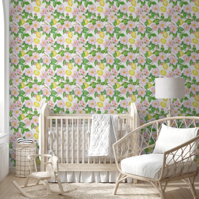 Pink Floral Lemons Pattern  Wallpaper (Kids)
