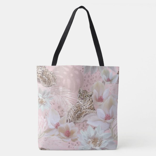 Pink Floral Leopard Pattern Fashion Tote Bag (Front)