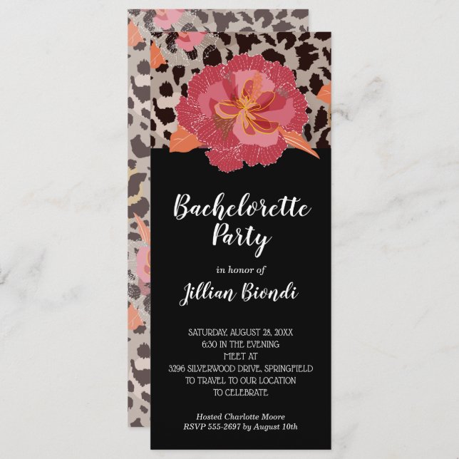 Pink Floral Leopard Print Bachelorette Party Invitation (Front/Back)