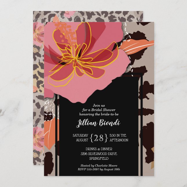 Pink Floral Leopard Print Bridal Shower Invitation (Front/Back)
