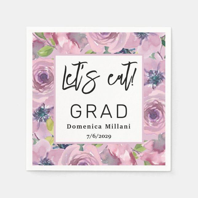 Pink Floral Lets eat Graduation Napkin (Front)