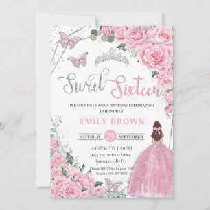 Pink Floral Light Brown Princess Sweet 16 Birthday Invitation