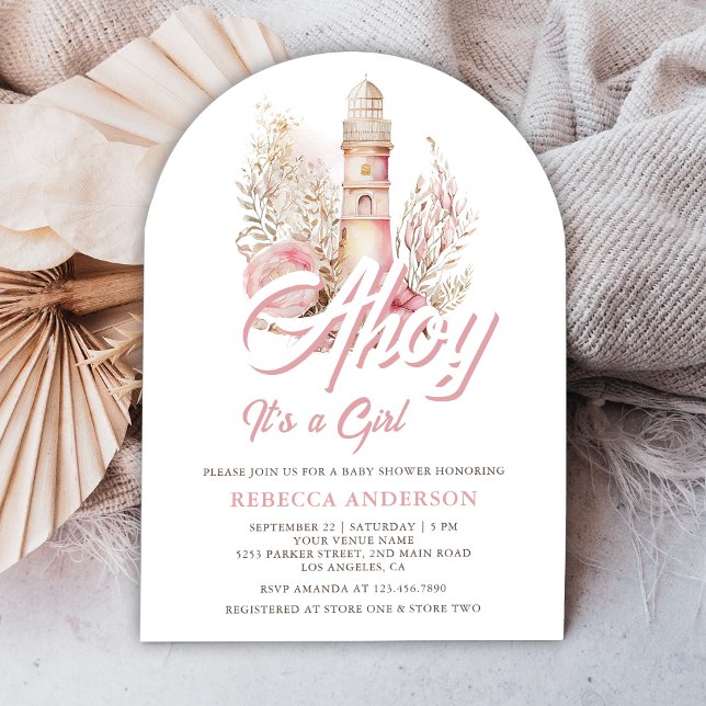 Pink Floral Lighthouse Nautical Arch Baby Shower  Invitation (Creator Uploaded)