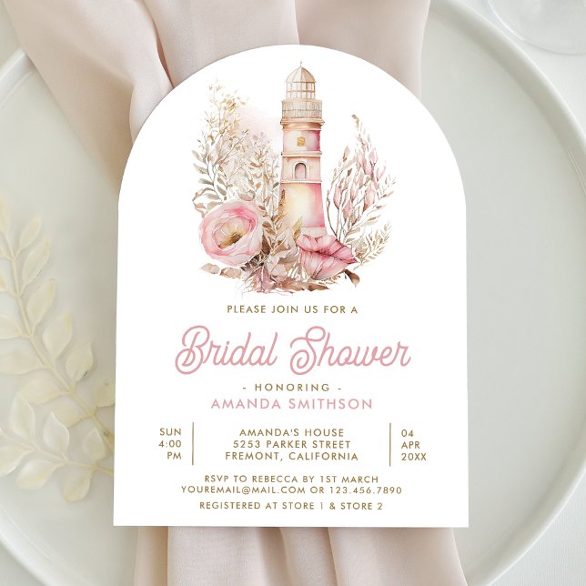 Pink Floral Lighthouse Nautical Arch Bridal Shower Invitation (Creator Uploaded)