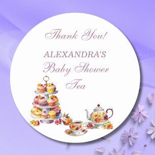 Pink Floral Lilac Tea Party Baby Shower Favour  Classic Round Sticker