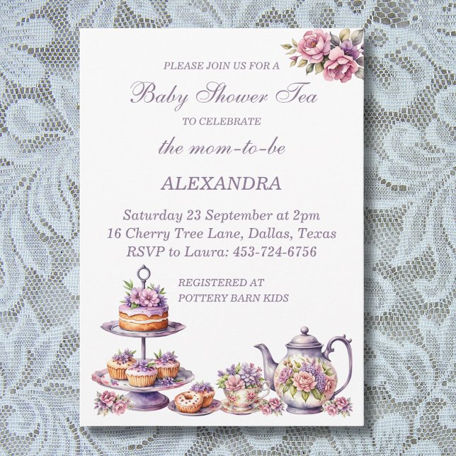 Pink Floral Lilac Whimsical Tea Baby Shower  Invitation (Creator Uploaded)