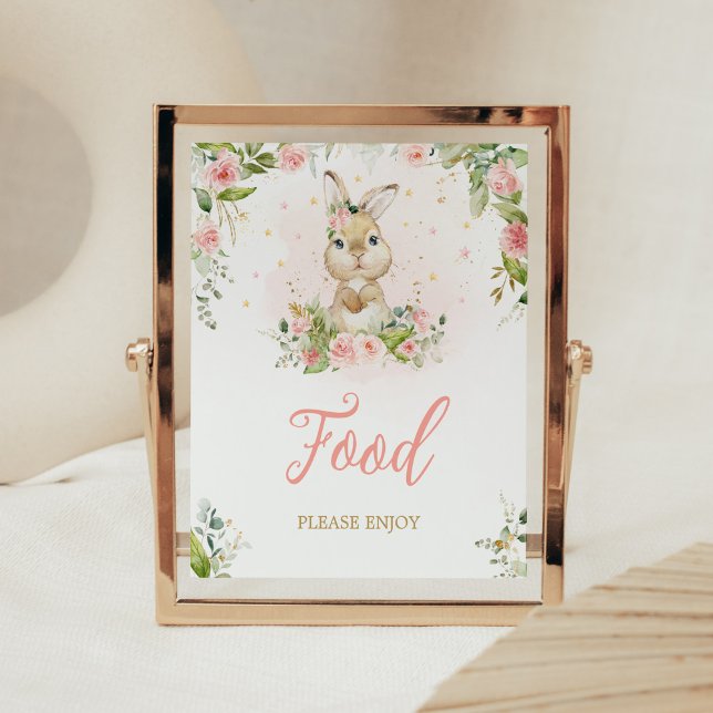 Pink Floral Little Bunny Baby Shower Food Poster (Girl Peter Rabbit Baby Shower Food Sign)