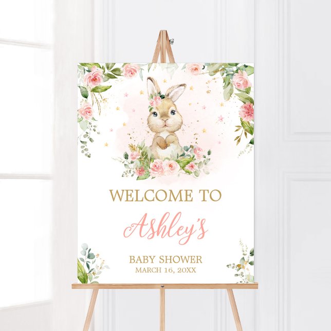 Pink Floral Little Bunny Baby Shower Welcome Poster (Girl Peter Rabbit Baby Shower Welcome Sign)