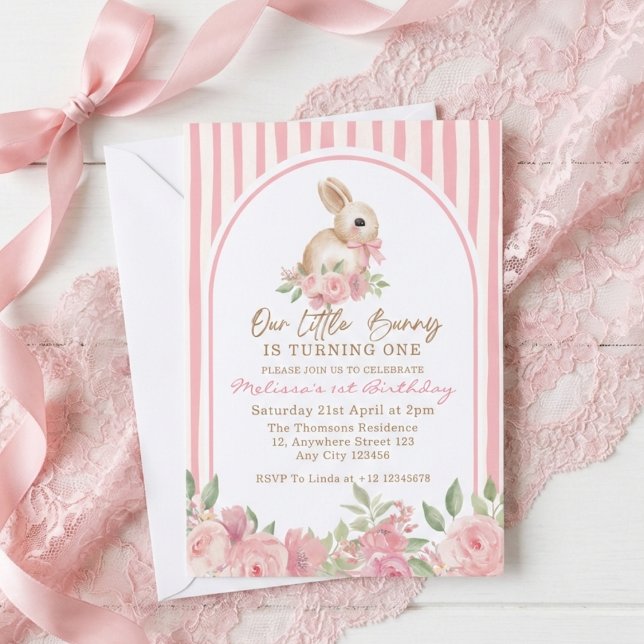 Pink Floral Little Bunny Turning One Birthday  Invitation (Creator Uploaded)