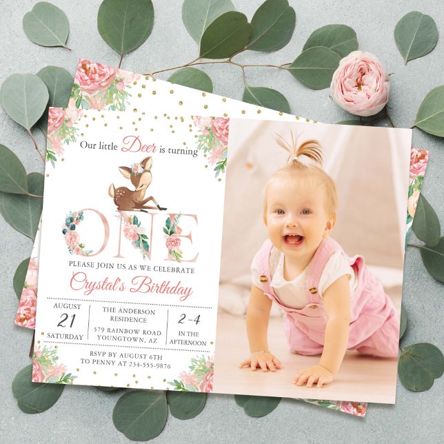 Pink Floral Little Deer First Birthday Photo Invitation (Creator Uploaded)