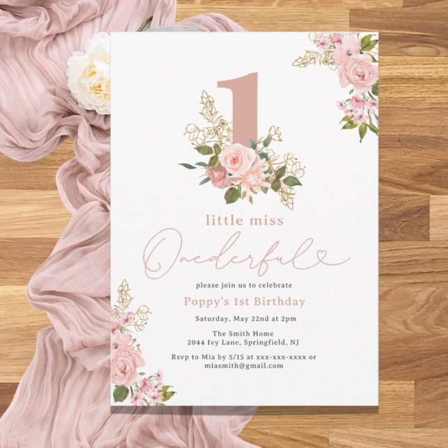 Pink Floral Little Miss Onederful 1st Birthday Invitation (Creator Uploaded)