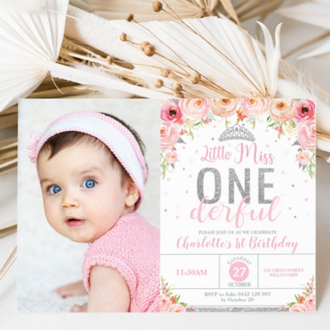 Pink Floral Little Miss Onederful 1st Birthday Invitation (Creator Uploaded)
