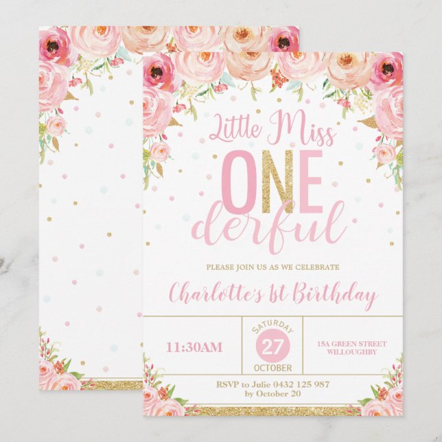 Pink Floral Little Miss Onederful 1st Birthday Invitation (Front/Back)