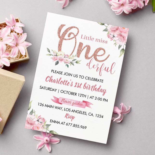 Pink Floral Little Miss Onederful Birthday Invitation (Creator Uploaded)