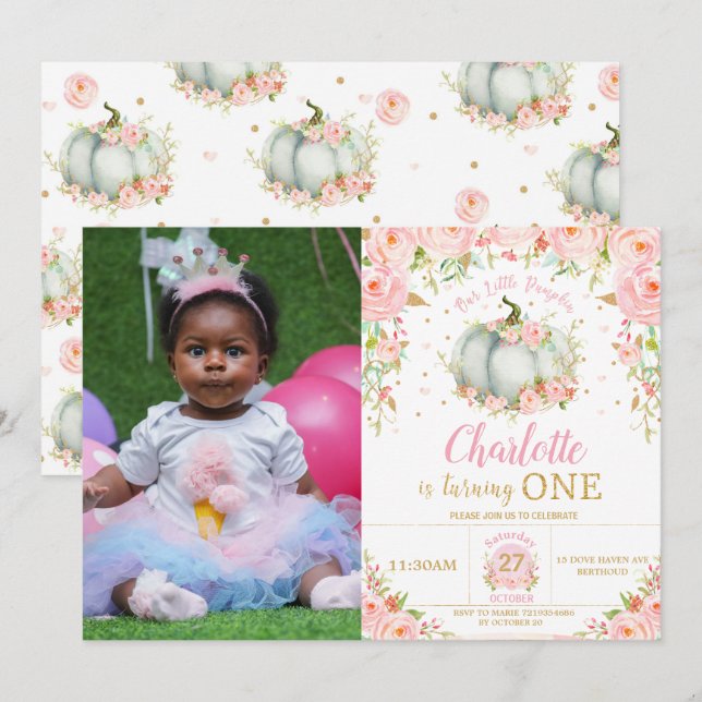 Pink Floral Little Pumpkin Girl 1st Birthday Photo Invitation (Front/Back)