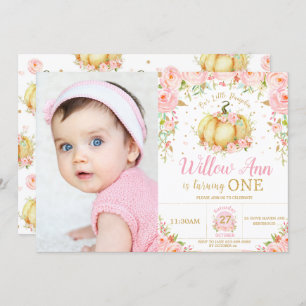 Pink Floral Little Pumpkin Girl 1st Birthday Photo Invitation