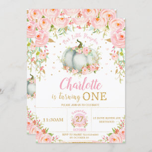 Pink Floral Little Pumpkin Girl 1st First Birthday Invitation