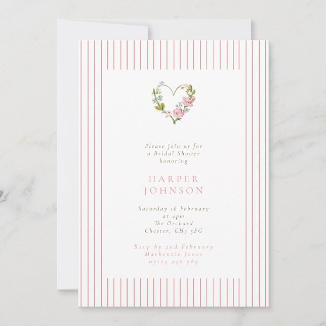 Pink Floral Love Heart Valentines Bridal Shower Invitation (Front)