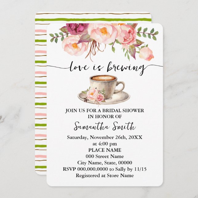 Pink Floral Love is Brewing Bridal Shower Coffee Invitation (Front/Back)
