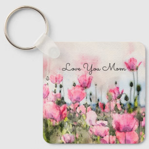 Pink Floral Love You Mum Watercolor Key Ring