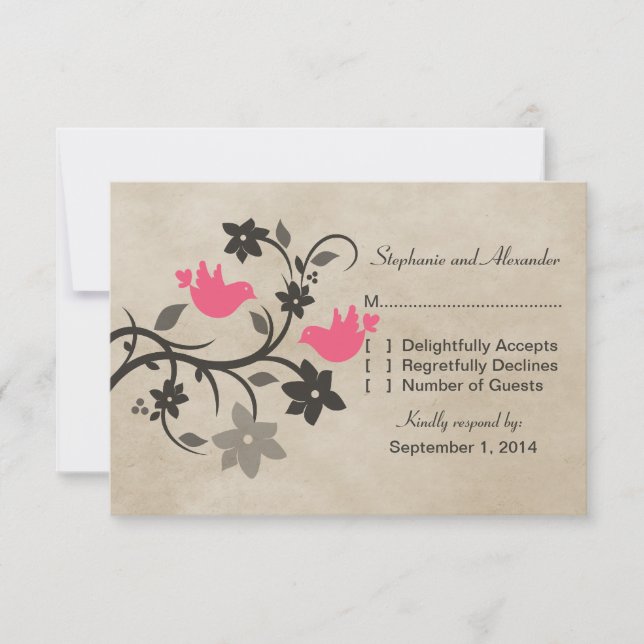 Pink Floral Lovebirds Response Card (Front)