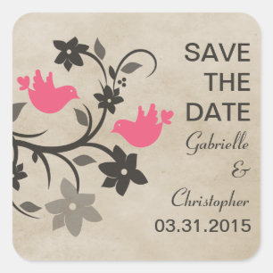 Pink Floral Lovebirds Save the Date Stickers