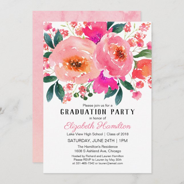 Pink Floral Lovely Bouquet Graduation Party Invitation (Front/Back)