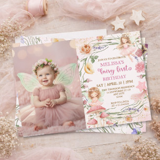 Pink Floral Magical Fairy First Birthday Photo  Invitation