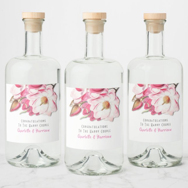 Pink Floral Magnolia Elegant Wedding Liquor Bottle Label (Bottles)
