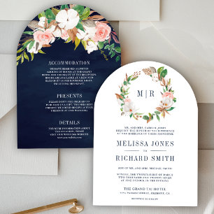 Pink Floral Magnolia Monogram All in One Wedding   Invitation