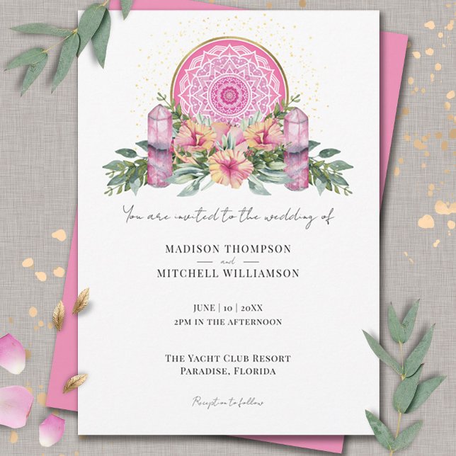 Pink Floral Mandala Crystals Metaphysical Wedding Invitation (Creator Uploaded)