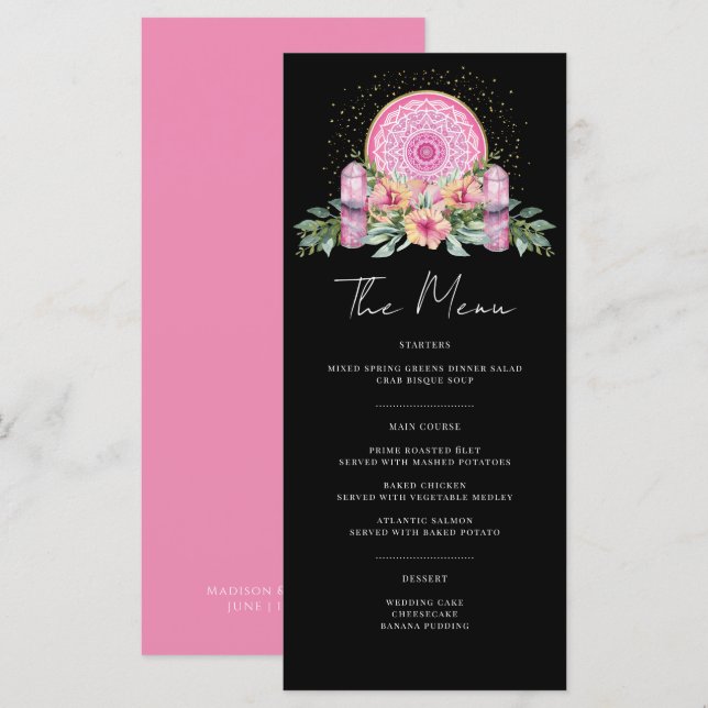Pink Floral Mandala Crystals Metaphysical Wedding  Menu (Front/Back)