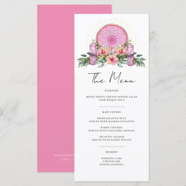 Pink Floral Mandala Crystals Metaphysical Wedding  Menu (Front/Back)
