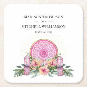 Pink Floral Mandala Crystals Metaphysical Wedding Square Paper Coaster