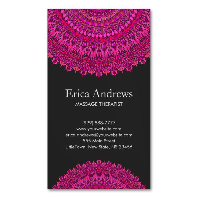Pink Floral Mandala Ornament Magnetic Business Card (Front Vertical)