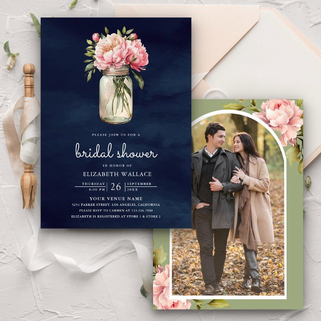 Pink Floral Mason Jar Photo Navy Bridal Shower Invitation (Creator Uploaded)