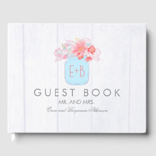 Pink Floral Mason Jar Rustic Wedding Guest Book