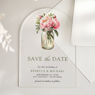 Pink Floral Mason Jar Wedding Save the Date Acrylic Invitations