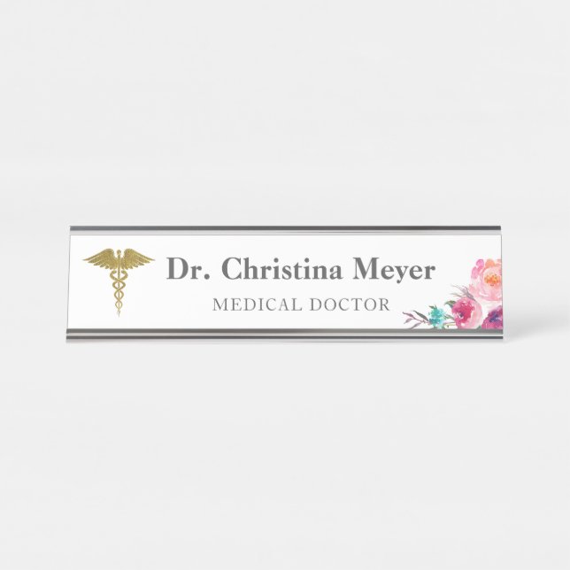 Pink Floral Medical Caduceus Desk Name Plate (Front)
