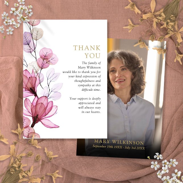 Pink Floral Memorial Celebration Of Life Photo Thank You Card (Pink Floral Memorial Celebration Of Life Photo Thank You Card)