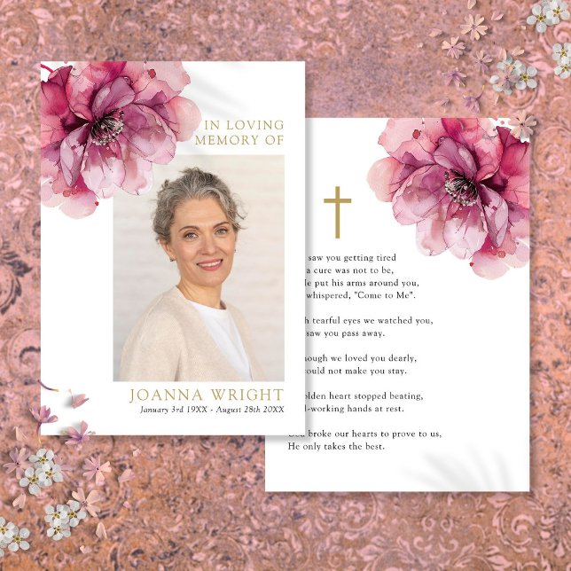 Pink Floral Memorial Funeral Prayer Photo Card (Pink Floral Memorial Funeral Prayer Photo Card)