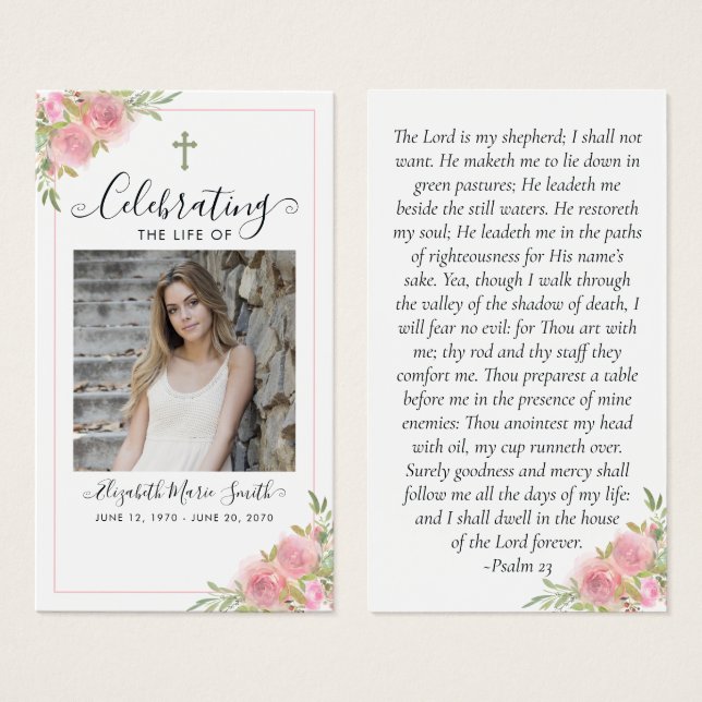 Pink Floral Memorial Service Funeral Prayer Card (Front & Back)