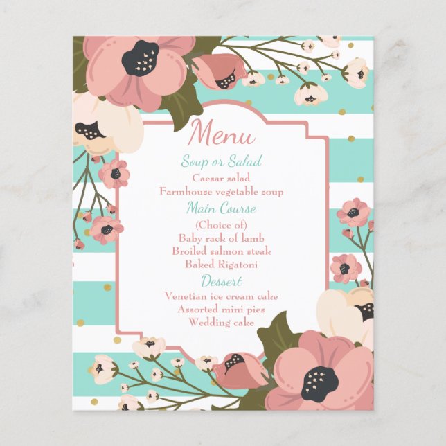 Pink Floral Menu Mint Blue Stripes  Wedding (Front)