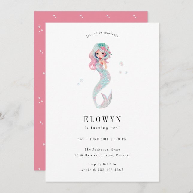 Pink Floral Mermaid Birthday Party Invitation (Front/Back)
