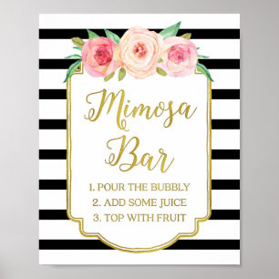 Pink Floral Mimosa Bar Sign Gold Black Stripes