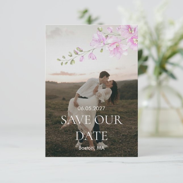 Pink Floral Minimalist Wedding Save the Date (Standing Front)