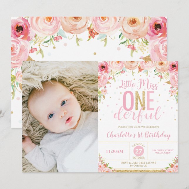 Pink Floral Miss Onederful 1st Birthday Photo Invitation (Front/Back)